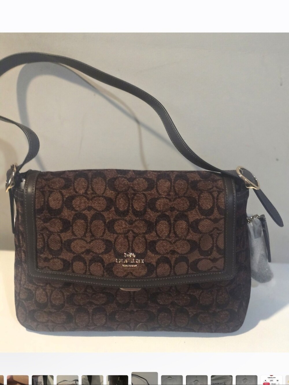 Coach Brown Signature Canvas Shoulder Bag with Dark Trim. Etta Signature Print.